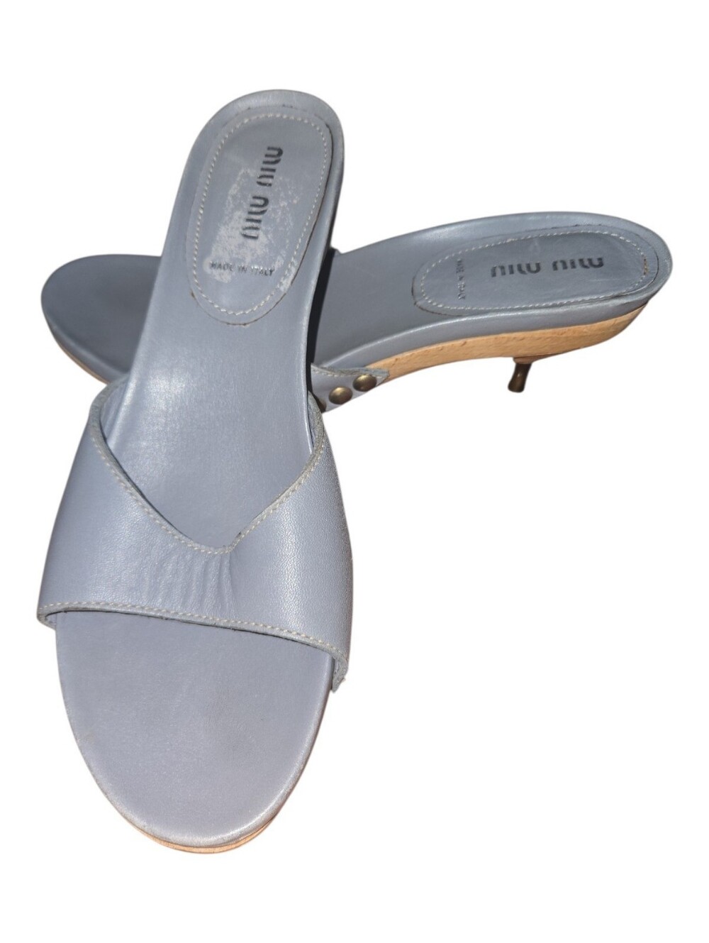 Miu Miu Pale Blue Leather Slide Mules